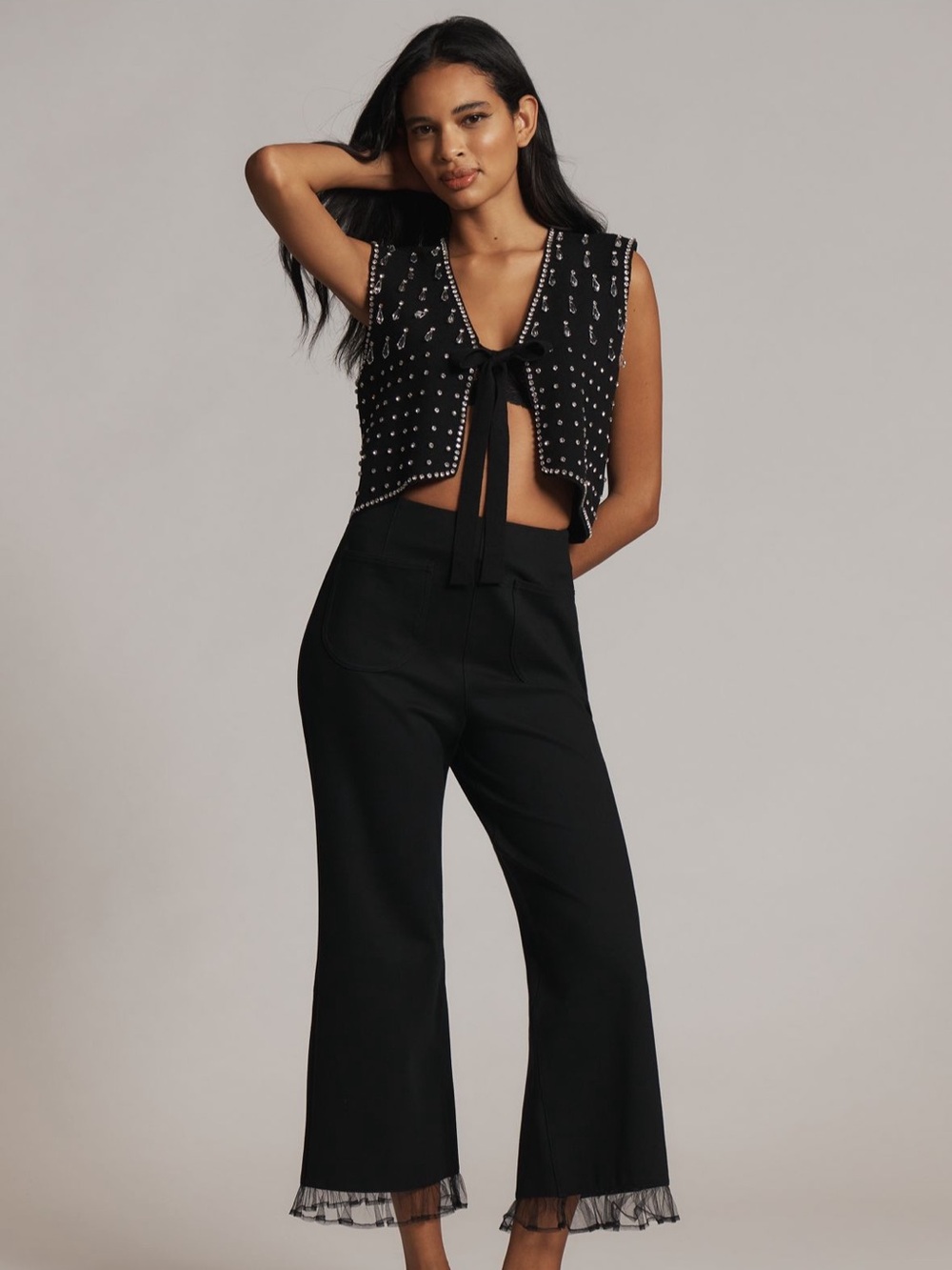 Colette by Maeve black stretch pants with lace trim hem. Back zipper - Picture 3 of 12